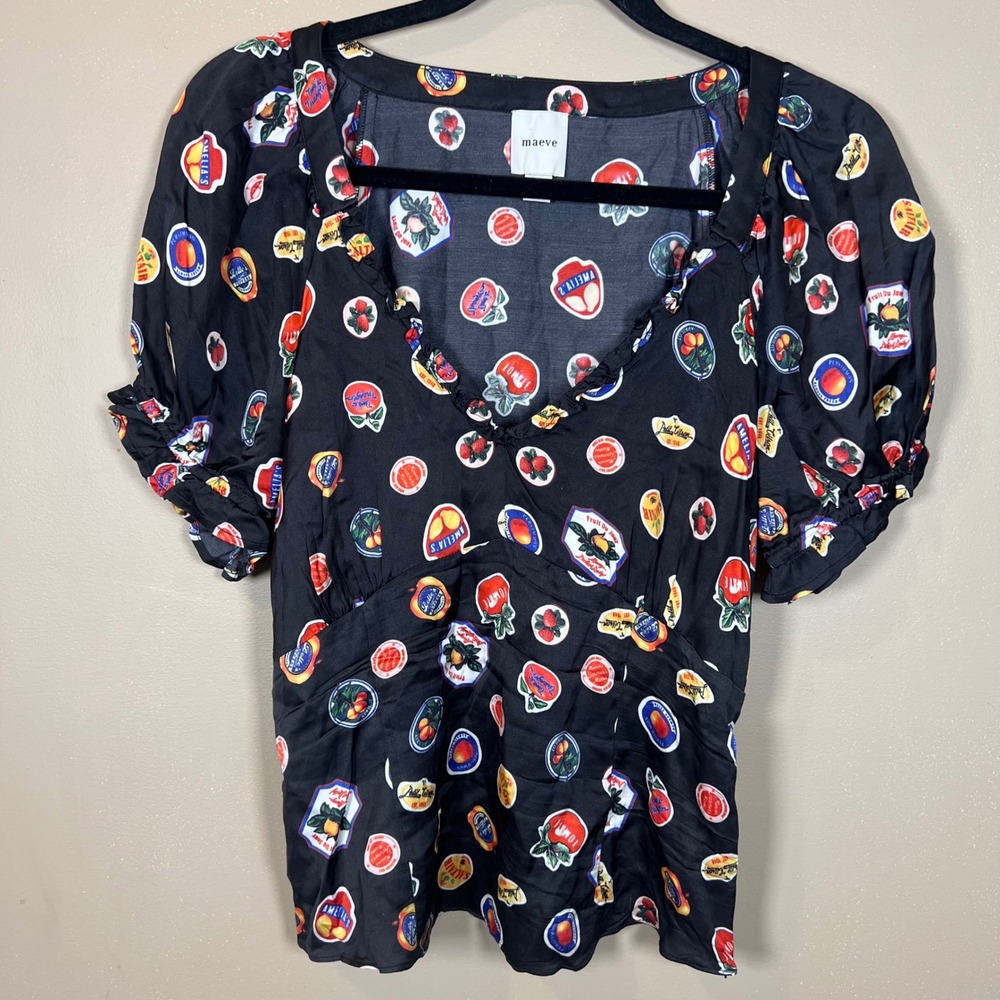Maeve Anthropologie Fruit Label Print V-Neck Ruffle Blouse Black OB2237491 Sz M